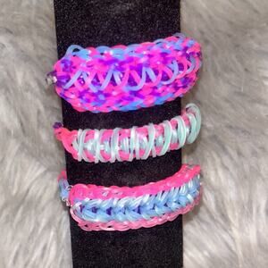 Set Of 3 Rainbow Loom Rubber Band Bracelets Handmade Pink Blue Jewelry Fun